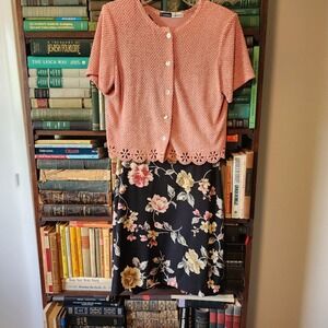 L Vintage 90s Black Floral Sleeveless Dress with Pink Button Up Layer